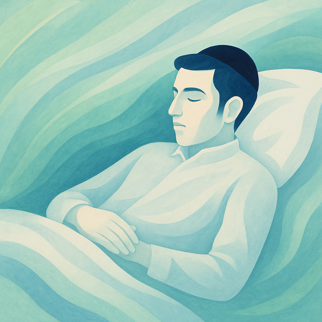 מגנזיום וסידן לנדודי שינה – דמות מופשטת של בחור חרדי במנוחה, עם גוונים רכים המשדרים איזון ורוגע טבעי לפני השינה.